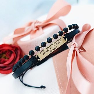 Brățara 2 in 1 cu piele si onix, cu plăcută gravata si 10 bilute din aur 14k