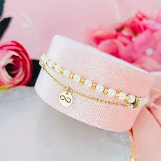 Bratara cu lantisor si pandantiv din aur, perle Bohemia si margele miyuki aurii