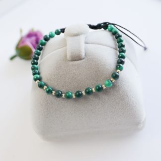 Brățara cu Malachit si 10 bilute de 2mm din Aur 14k