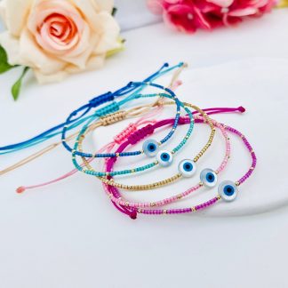 Brățară cu miyuki Silk Line, 12 bilute din aur si ochi turcesc din sidef natural