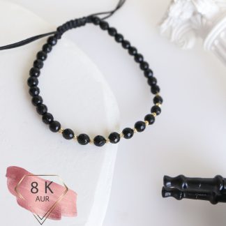 Brățara cu Onix Fatetat Lucios si 10 bilute de 2mm din Aur 8k