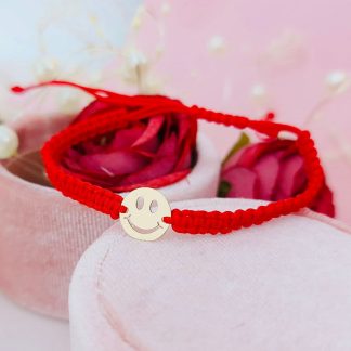 Bratara cu snur si banut 10mm decupat Smiley din aur 14k
