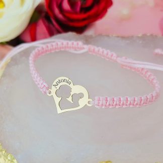 Bratara cu snur si inimioara din Aur 14K cu decupaj mama + copil baietel/fetita