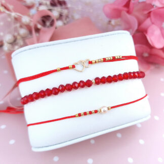 Set PROMO 3 bratari cu snur & cristale + bilute si inimioare duble din aur 14k