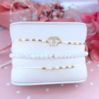 Set PROMO 3 bratari cu snur & cristale + bilute si talpite bebe din aur 14k