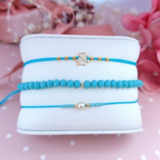 Set PROMO 3 bratari cu snur & cristale + bilute si trifoi din aur 14k