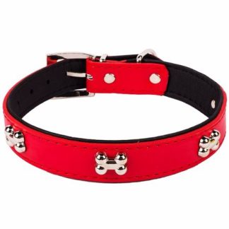 Zgarda pentru catei, ajustabila,rosie - detalii in forma de os, 50X2.5 cm